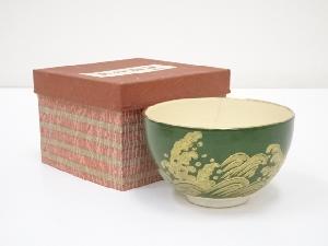 京焼　川添寿楽造　緑地金彩波文茶碗
